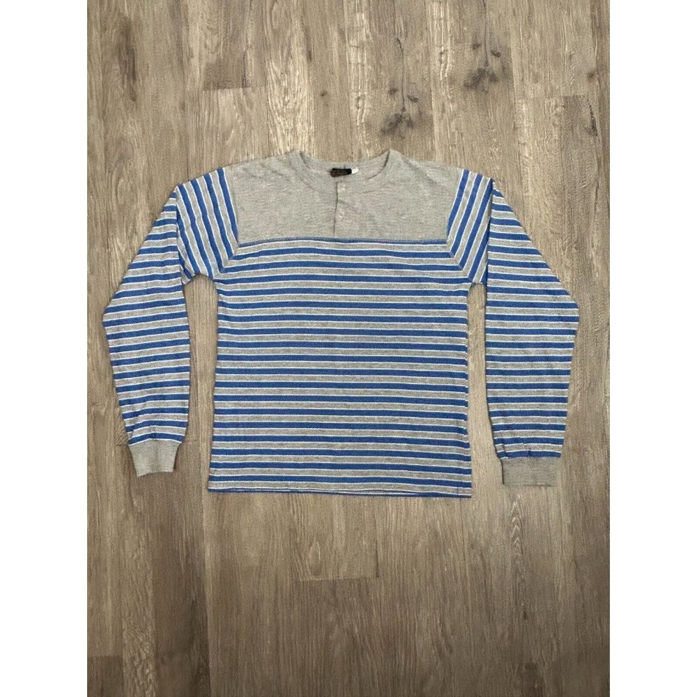 Brittania Snap Button Blue Gray Striped T Shirt Long Sleeve Men's XL‎ Vtg 80's